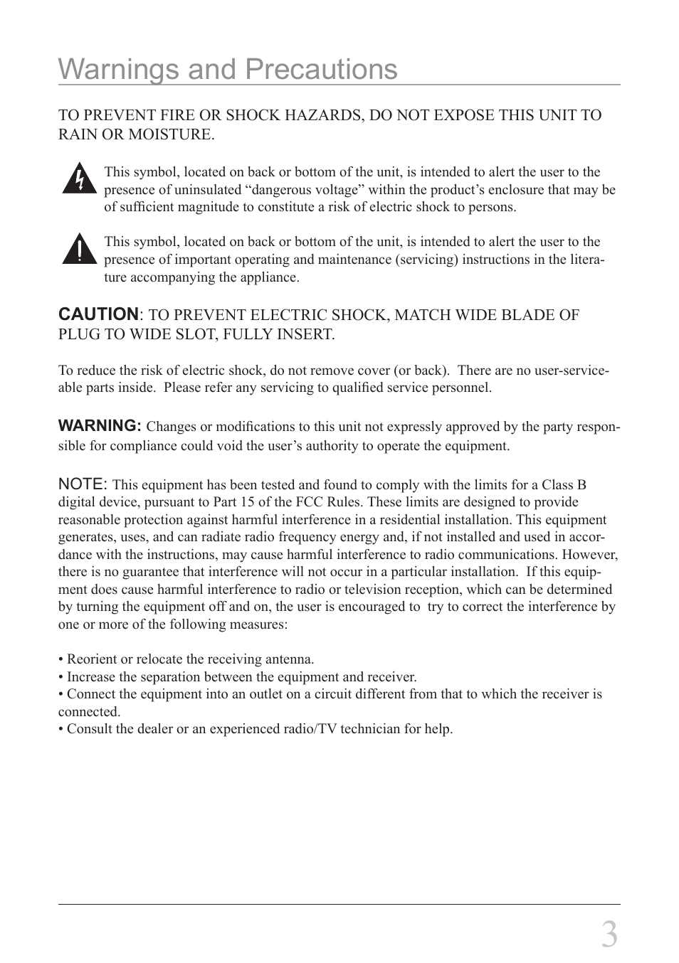 Warnings and precautions | GPX ci3807b User Manual | Page 3 / 8