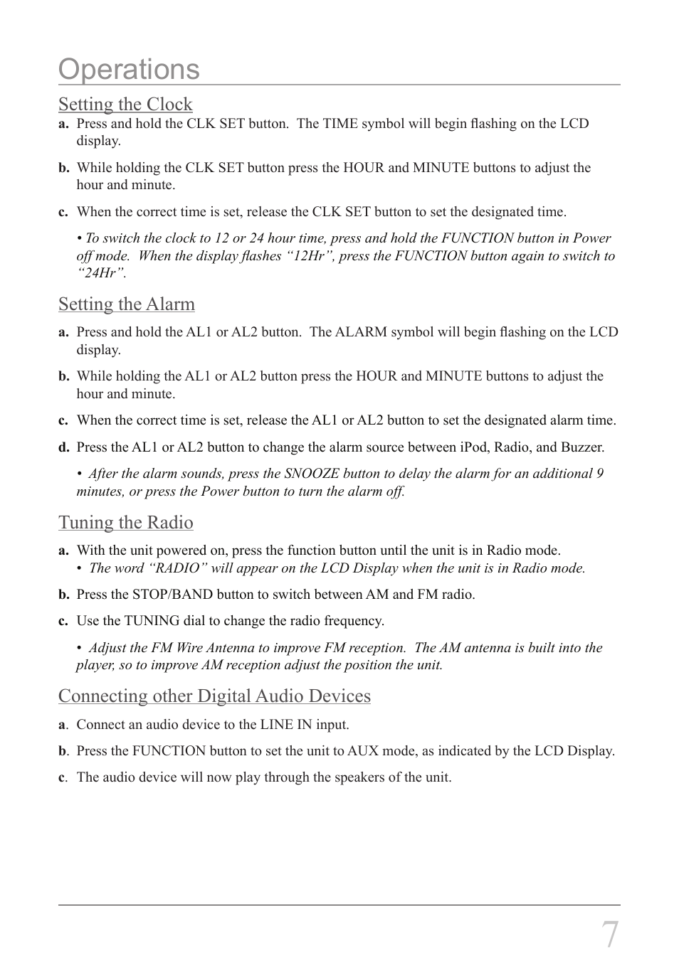 Operations, Setting the clock, Setting the alarm | Tuning the radio, Connecting other digital audio devices | GPX ci3807b User Manual | Page 7 / 8