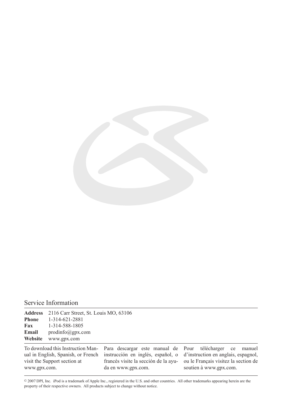 Service information | GPX ci3807b User Manual | Page 8 / 8