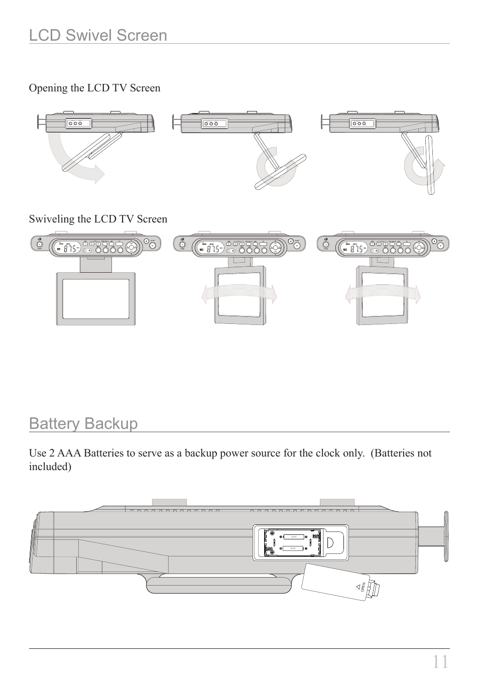 Battery backup lcd swivel screen | GPX KCL8807DT User Manual | Page 11 / 20
