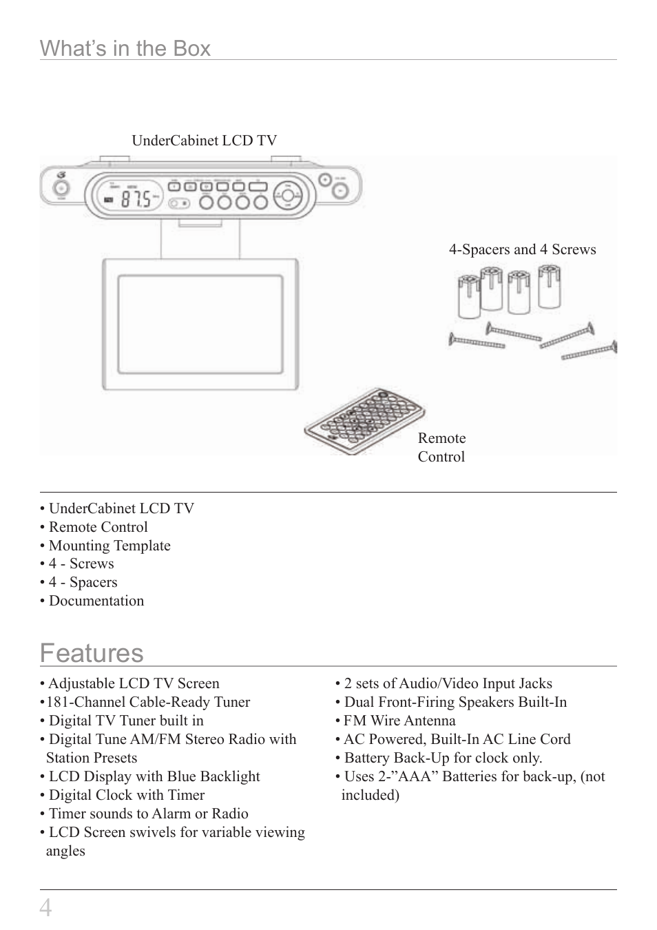 Features, What’s in the box | GPX KCL8807DT User Manual | Page 4 / 20