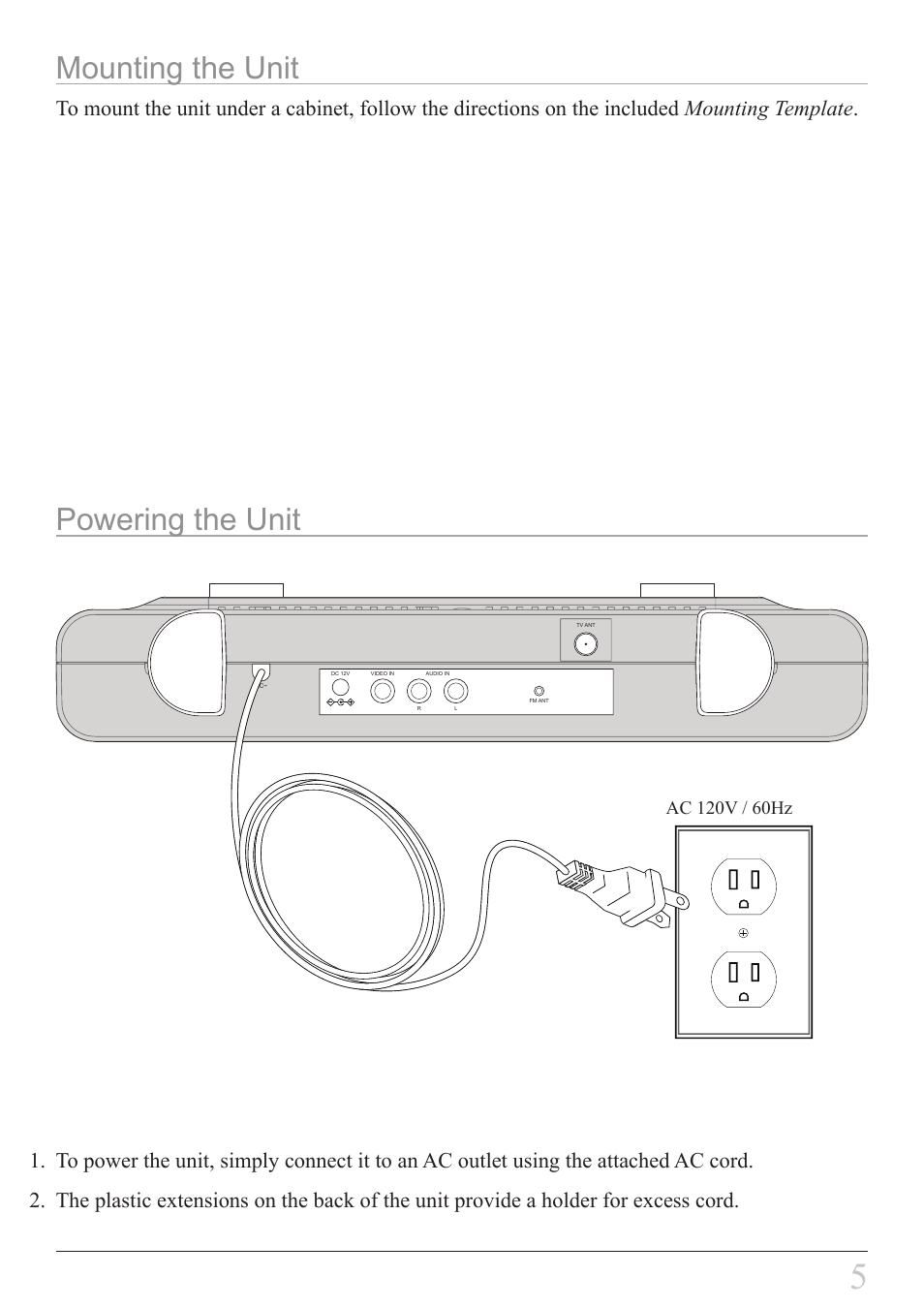 Mounting the unit powering the unit, Ac 10v / 60hz | GPX KCL8807DT User Manual | Page 5 / 20