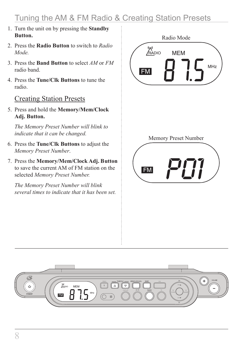 Creating station presets, Radio mode | GPX KCL8807DT User Manual | Page 8 / 20
