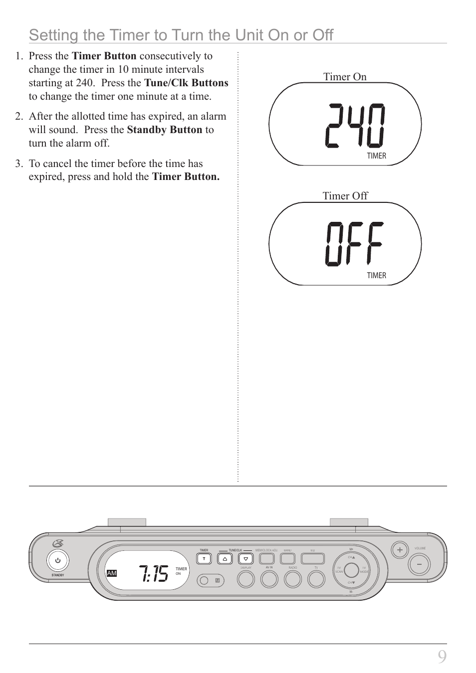 Setting the timer to turn the unit on or off, Timer on, Timer off | Timer | GPX KCL8807DT User Manual | Page 9 / 20