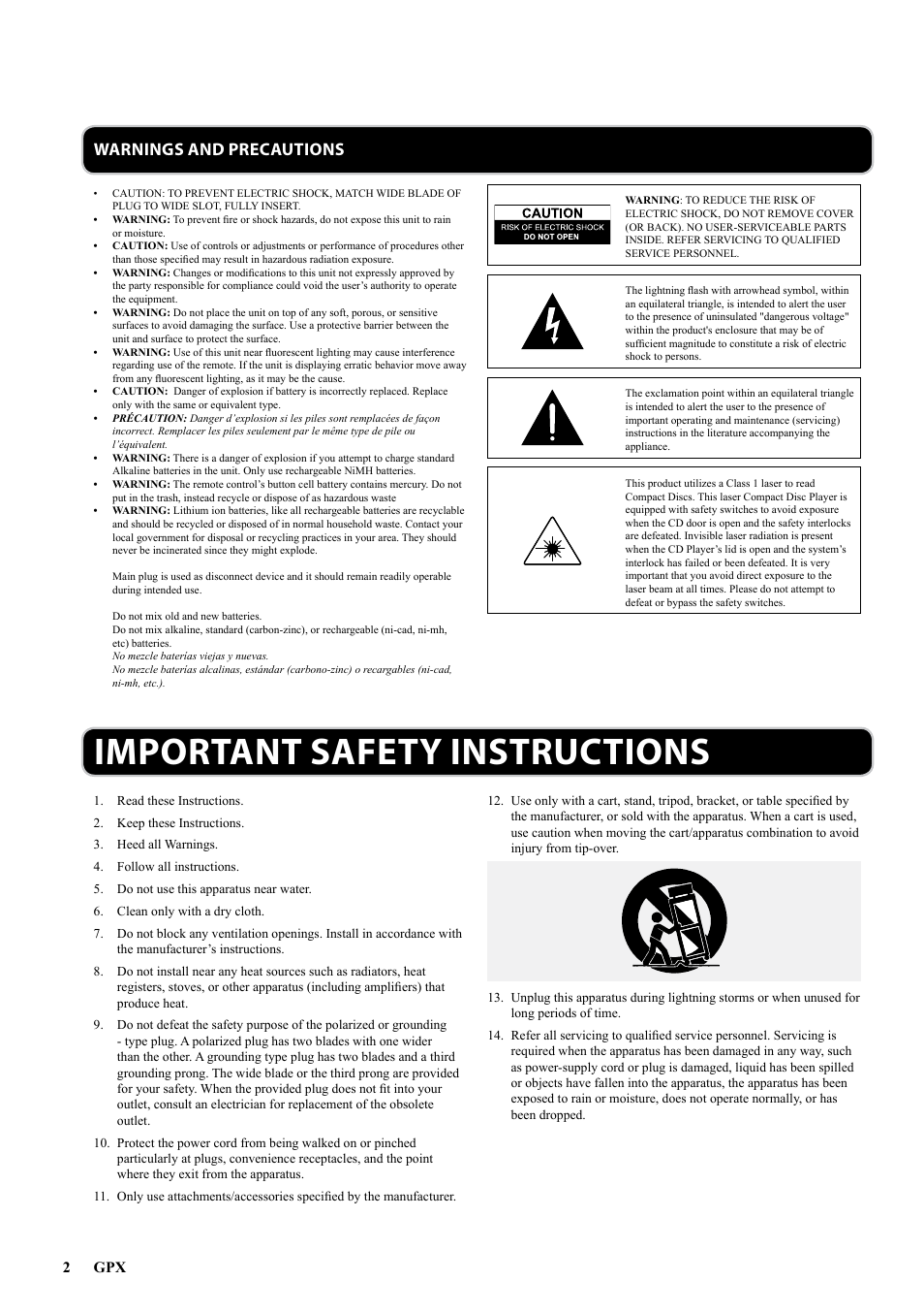 Important safety instructions, Warnings and precautions | GPX BD717 User Manual | Page 2 / 8