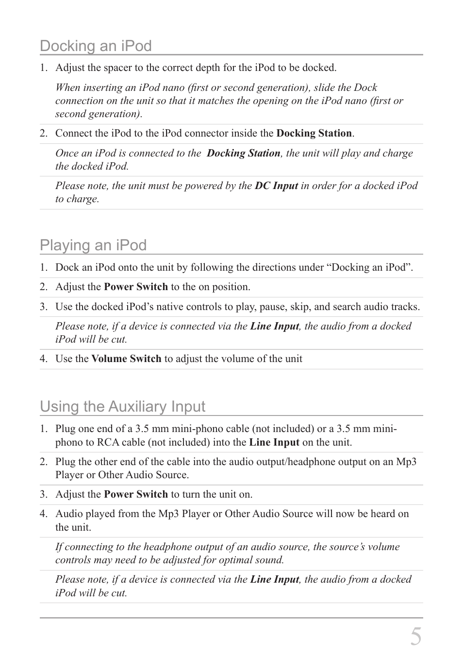 Docking an ipod, Playing an ipod, Using the auxiliary input | GPX SI108 User Manual | Page 5 / 8