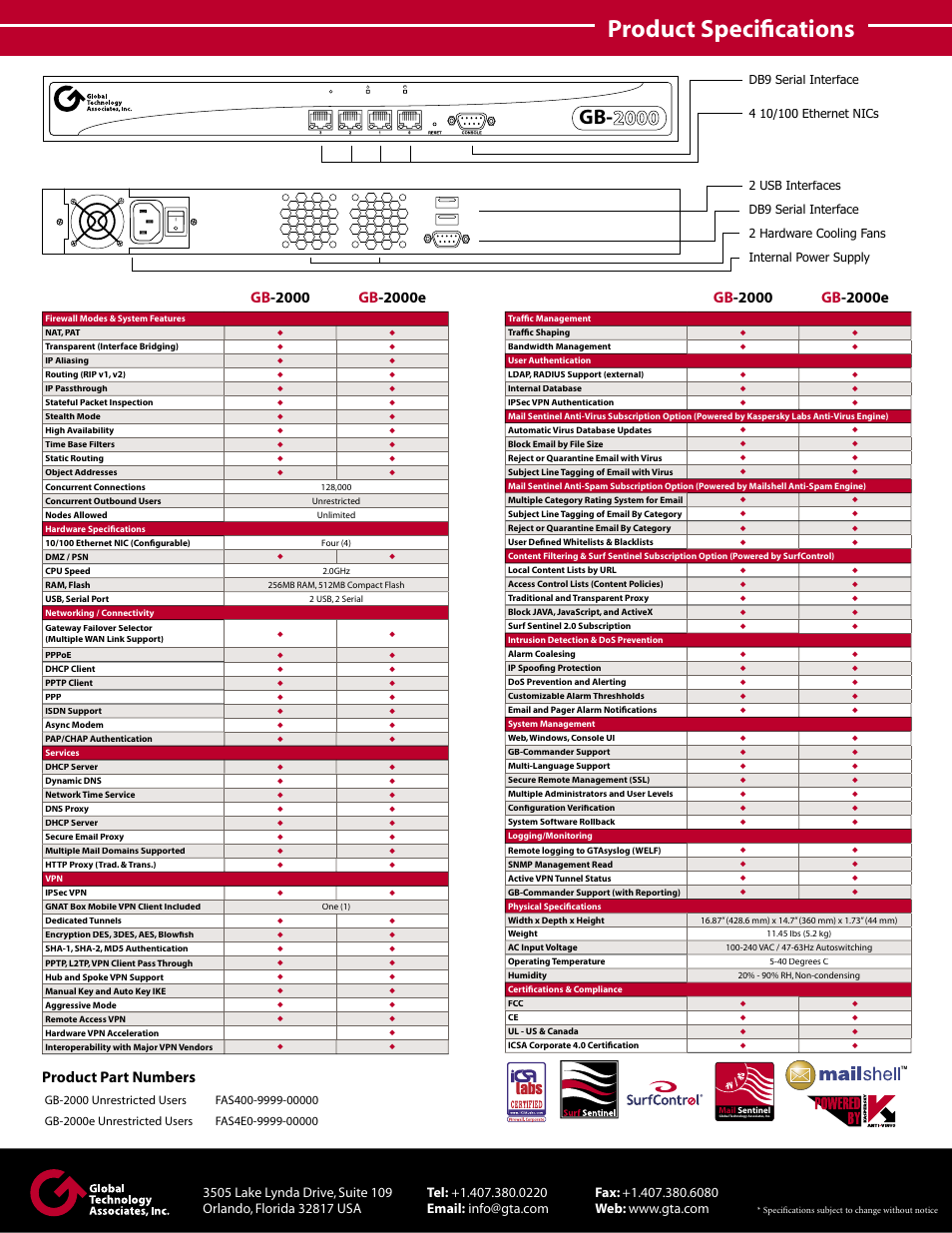 Product speciﬁ cations, Product part numbers | Global Technology Associates Firewall GB-2000e User Manual | Page 2 / 2