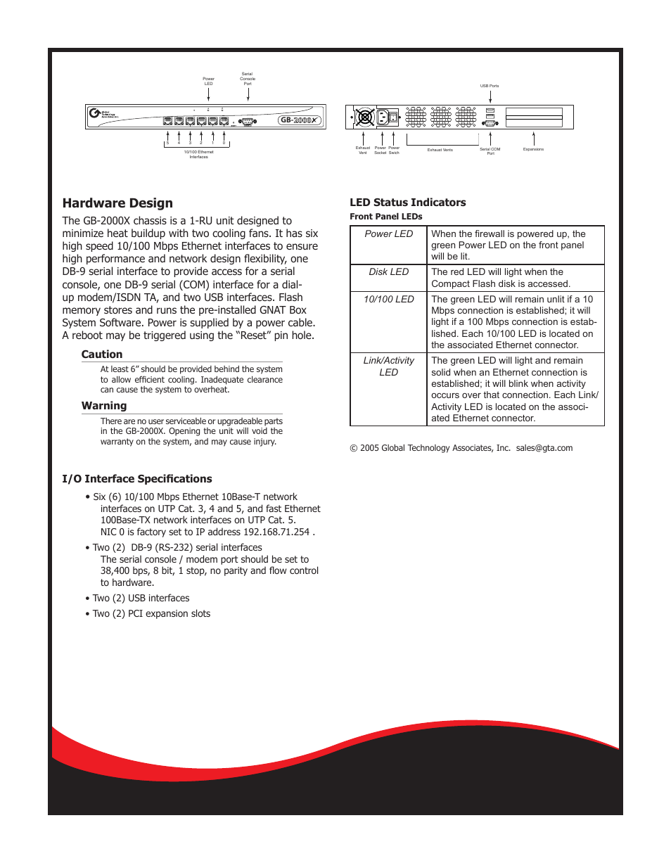 Hardware design, Warning, I/o interface speciﬁcations | Led status indicators | Global Technology Associates GB-2000X User Manual | Page 2 / 2