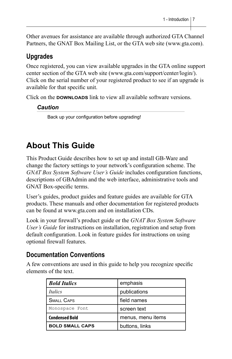 Upgrades, About this guide, Documentation conventions | Global Technology Associates SOFTWARE FIREWALL GBWA200501-01 User Manual | Page 11 / 60