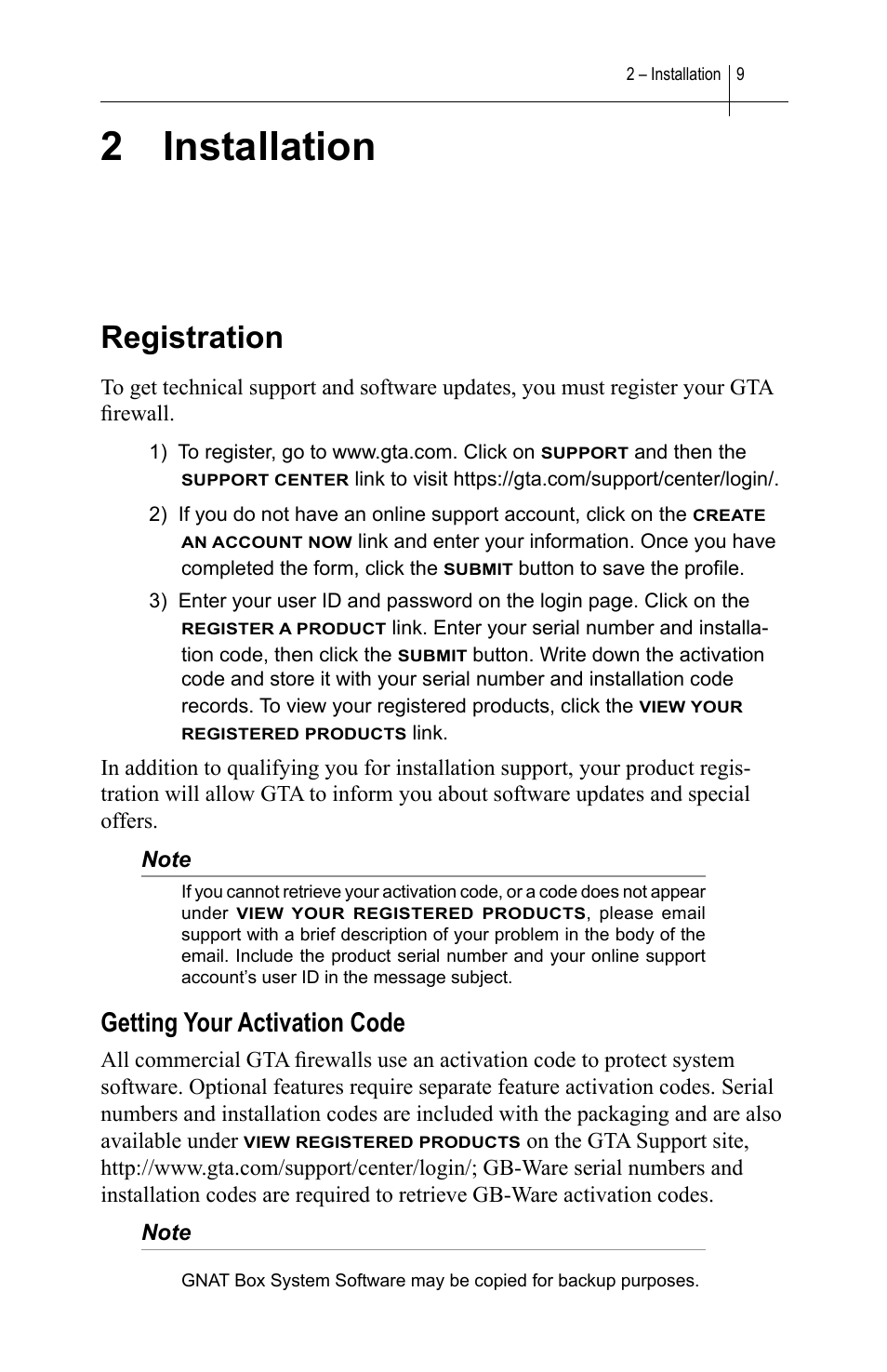 2 installation, Registration, Getting your activation code | Global Technology Associates SOFTWARE FIREWALL GBWA200501-01 User Manual | Page 13 / 60