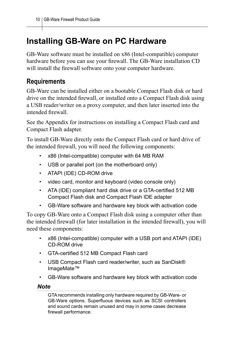 Installing gb-ware on pc hardware, Requirements | Global Technology Associates SOFTWARE FIREWALL GBWA200501-01 User Manual | Page 14 / 60