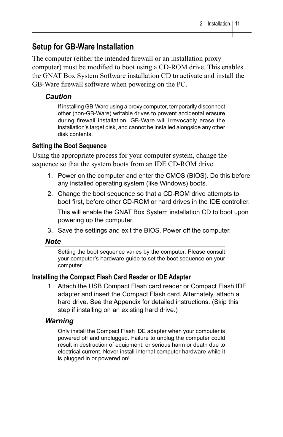 Setup for gb-ware installation, Setting the boot sequence | Global Technology Associates SOFTWARE FIREWALL GBWA200501-01 User Manual | Page 15 / 60
