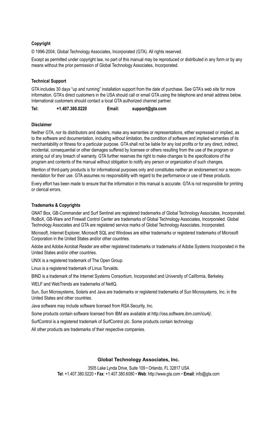 Global Technology Associates SOFTWARE FIREWALL GBWA200501-01 User Manual | Page 2 / 60