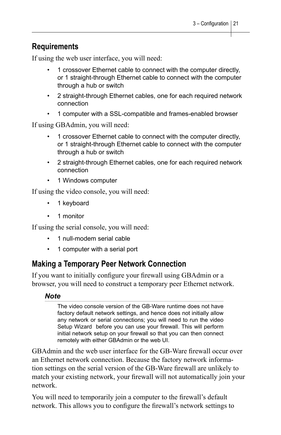 Requirements, Making a temporary peer network connection | Global Technology Associates SOFTWARE FIREWALL GBWA200501-01 User Manual | Page 25 / 60