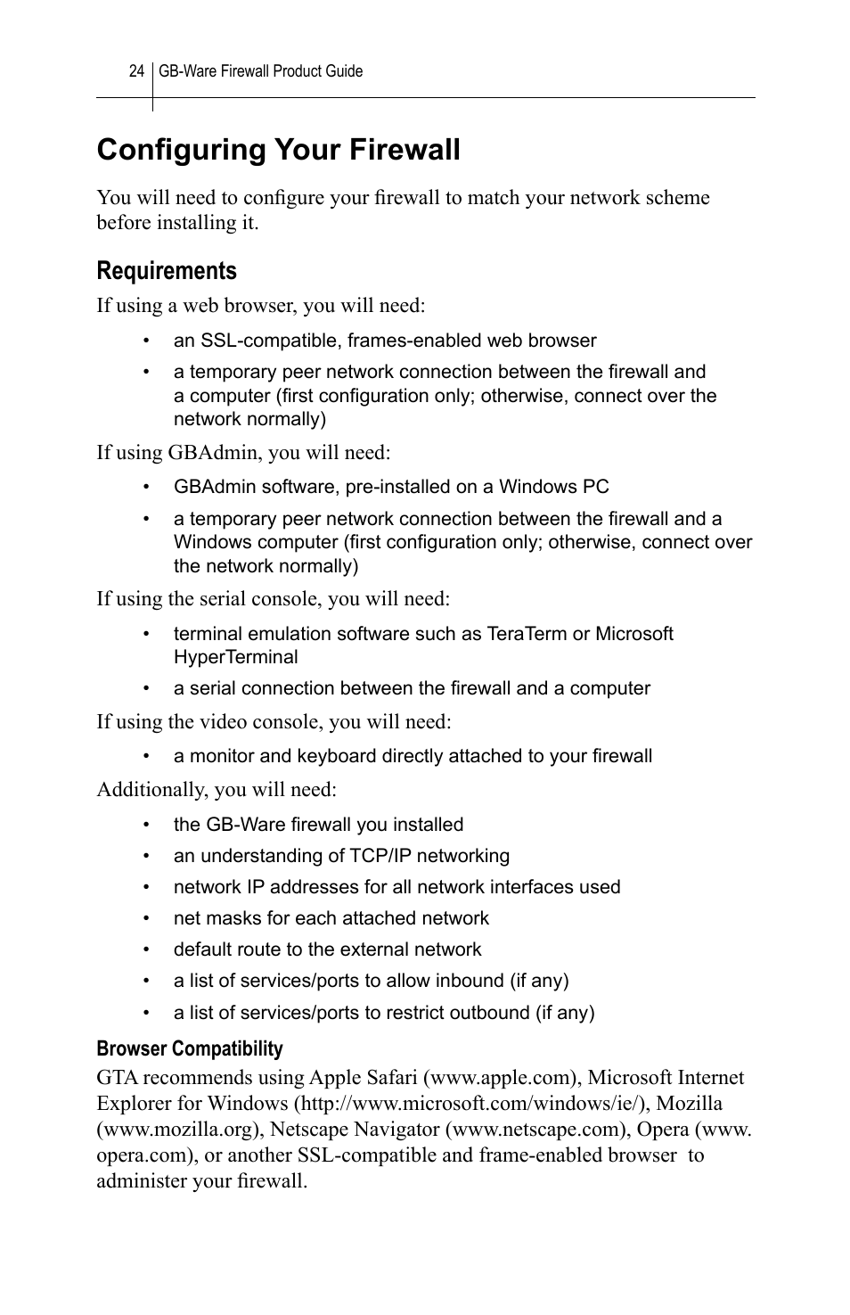 Configuring your firewall, Requirements, Browser compatibility | Conﬁguring your firewall | Global Technology Associates SOFTWARE FIREWALL GBWA200501-01 User Manual | Page 28 / 60