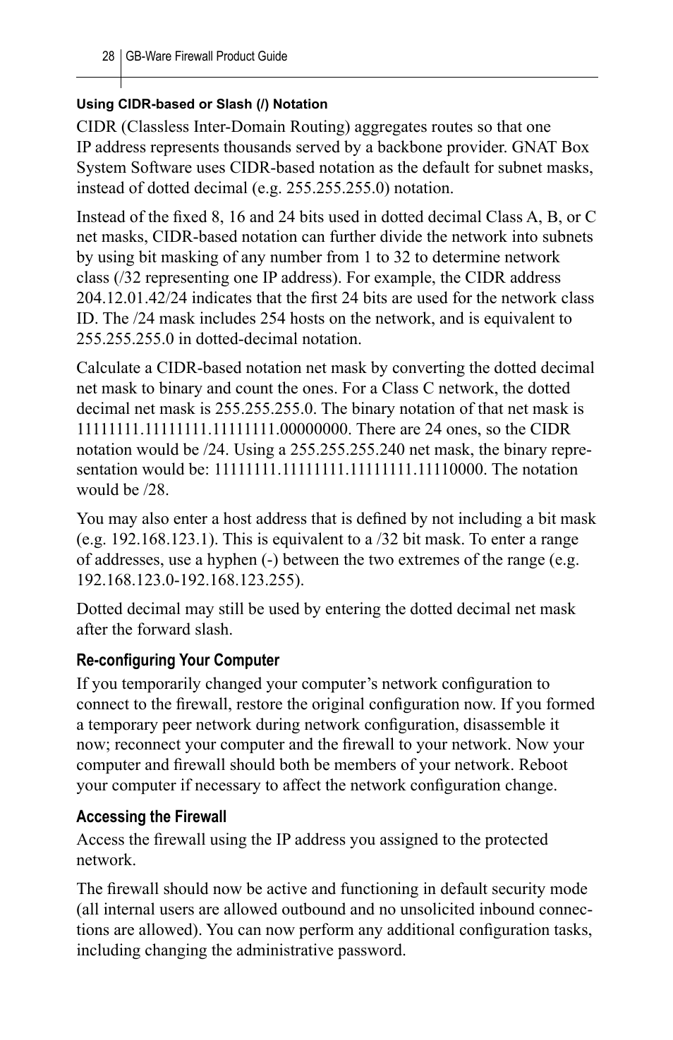 Re-configuring your computer, Accessing the firewall, Re-conﬁguring your computer accessing the firewall | Global Technology Associates SOFTWARE FIREWALL GBWA200501-01 User Manual | Page 32 / 60