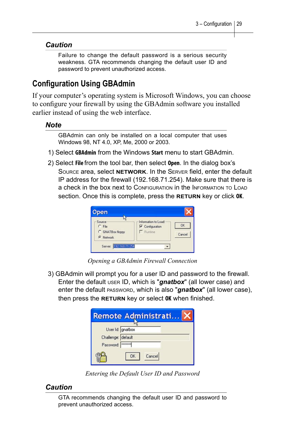 Configuration using gbadmin, Conﬁguration using gbadmin, Caution | Global Technology Associates SOFTWARE FIREWALL GBWA200501-01 User Manual | Page 33 / 60