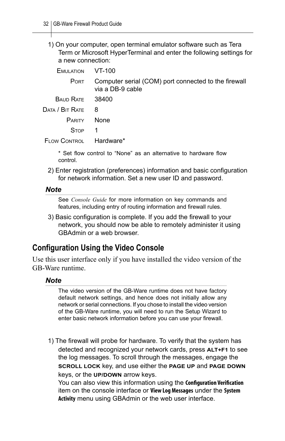 Configuration using the video console, Conﬁguration using the video console | Global Technology Associates SOFTWARE FIREWALL GBWA200501-01 User Manual | Page 36 / 60