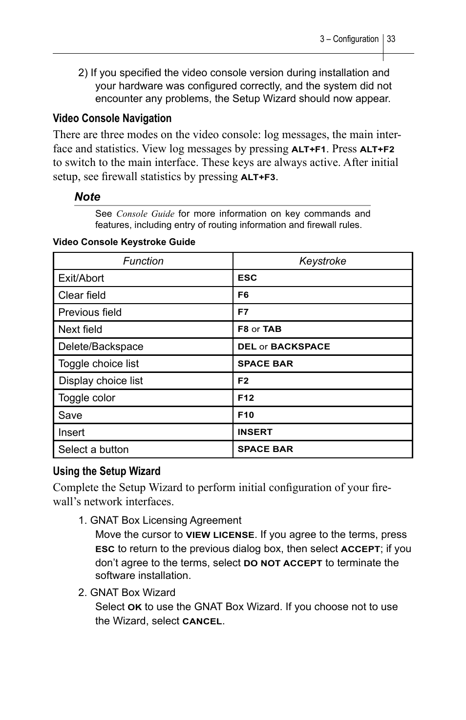 Video console navigation, Using the setup wizard, Video console navigation using the setup wizard | Press | Global Technology Associates SOFTWARE FIREWALL GBWA200501-01 User Manual | Page 37 / 60