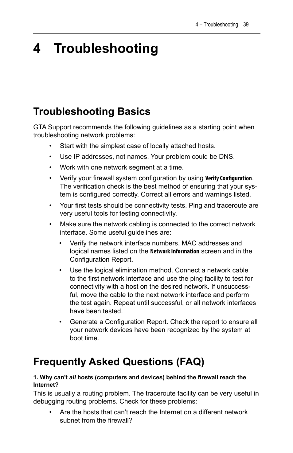4 troubleshooting, Troubleshooting basics, Frequently asked questions (faq) | Global Technology Associates SOFTWARE FIREWALL GBWA200501-01 User Manual | Page 43 / 60