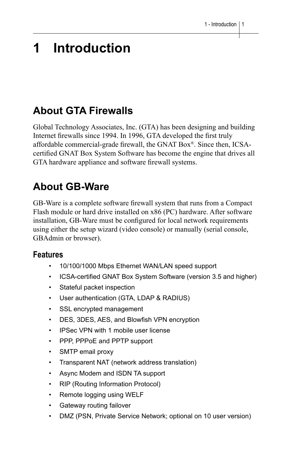 1 introduction, About gta firewalls, About gb-ware | Features, About gta firewalls about gb-ware | Global Technology Associates SOFTWARE FIREWALL GBWA200501-01 User Manual | Page 5 / 60