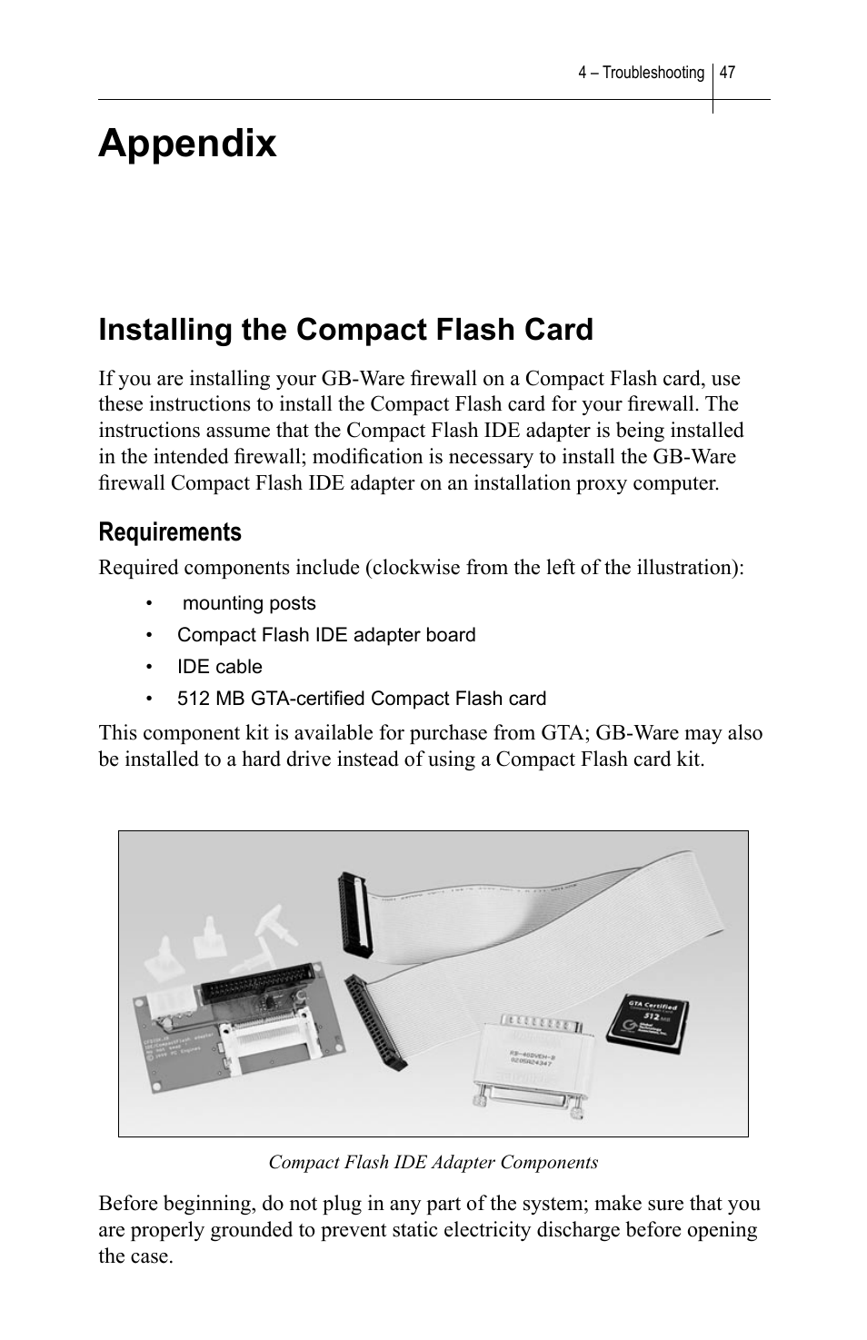 Appendix, Installing the compact flash card, Requirements | Global Technology Associates SOFTWARE FIREWALL GBWA200501-01 User Manual | Page 51 / 60