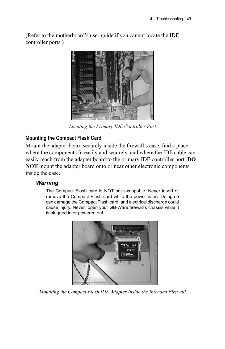 Mounting the compact flash card | Global Technology Associates SOFTWARE FIREWALL GBWA200501-01 User Manual | Page 53 / 60