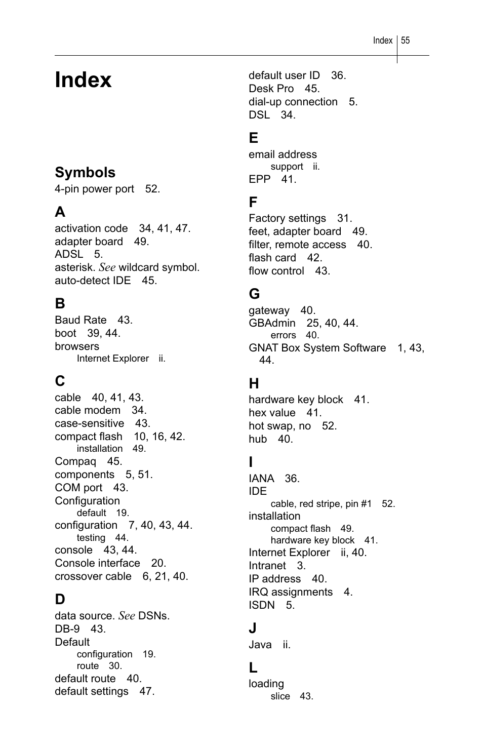 Index, Symbols | Global Technology Associates SOFTWARE FIREWALL GBWA200501-01 User Manual | Page 59 / 60
