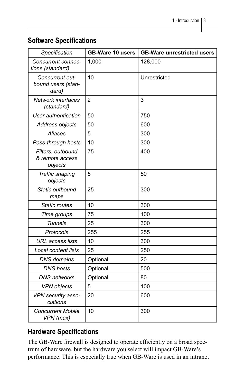 Software specifications, Hardware specifications, Software speciﬁcations hardware speciﬁcations | Global Technology Associates SOFTWARE FIREWALL GBWA200501-01 User Manual | Page 7 / 60