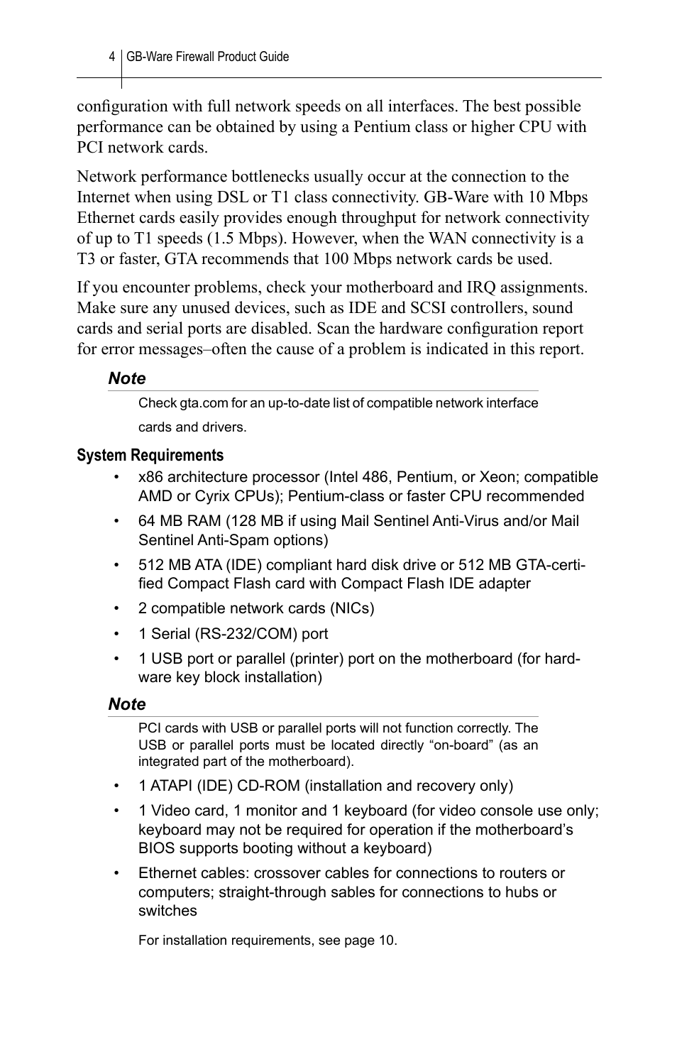 System requirements | Global Technology Associates SOFTWARE FIREWALL GBWA200501-01 User Manual | Page 8 / 60