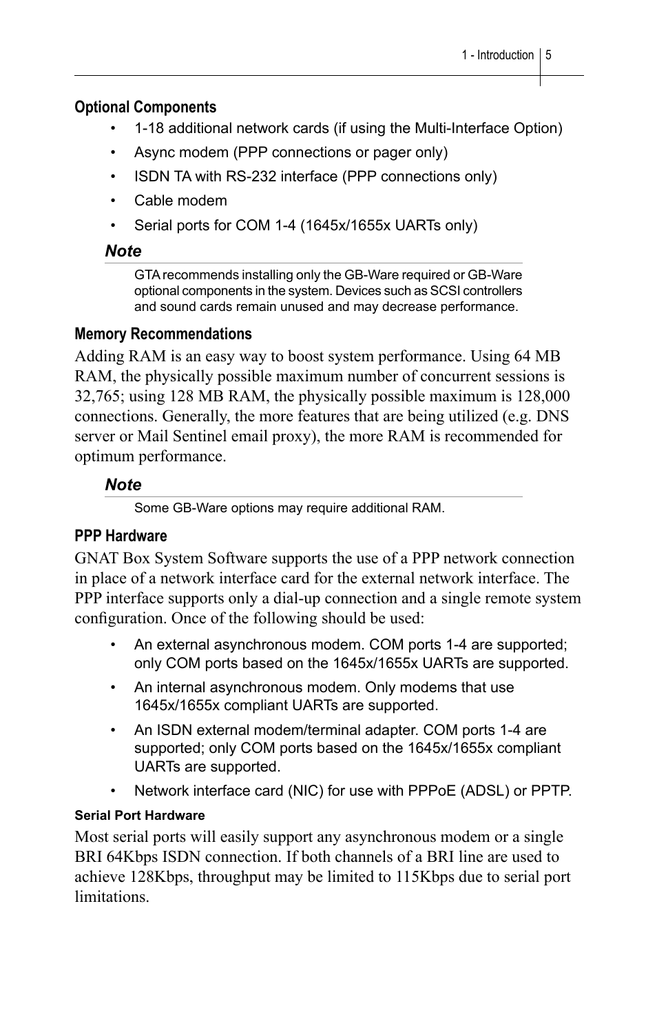 Optional components, Memory recommendations, Ppp hardware | Global Technology Associates SOFTWARE FIREWALL GBWA200501-01 User Manual | Page 9 / 60