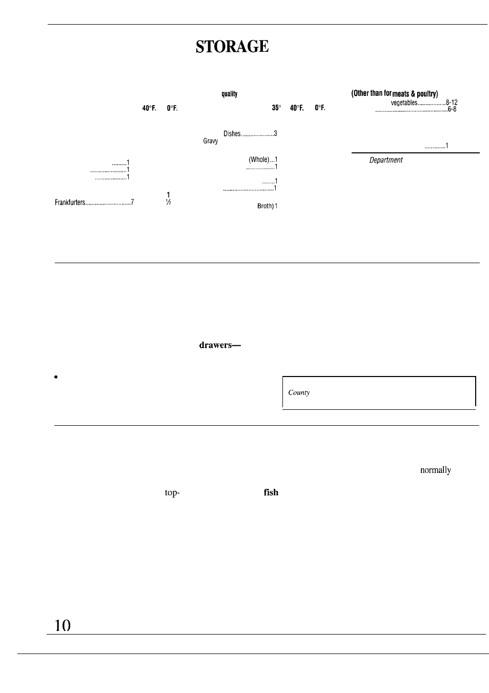 Food storage suggestions, Storage times, Food suggestions | Suggested storage times for meat and poultry, Fresh food storage tips, Tips on freezing food | GE Monogram ZS48N User Manual | Page 10 / 24