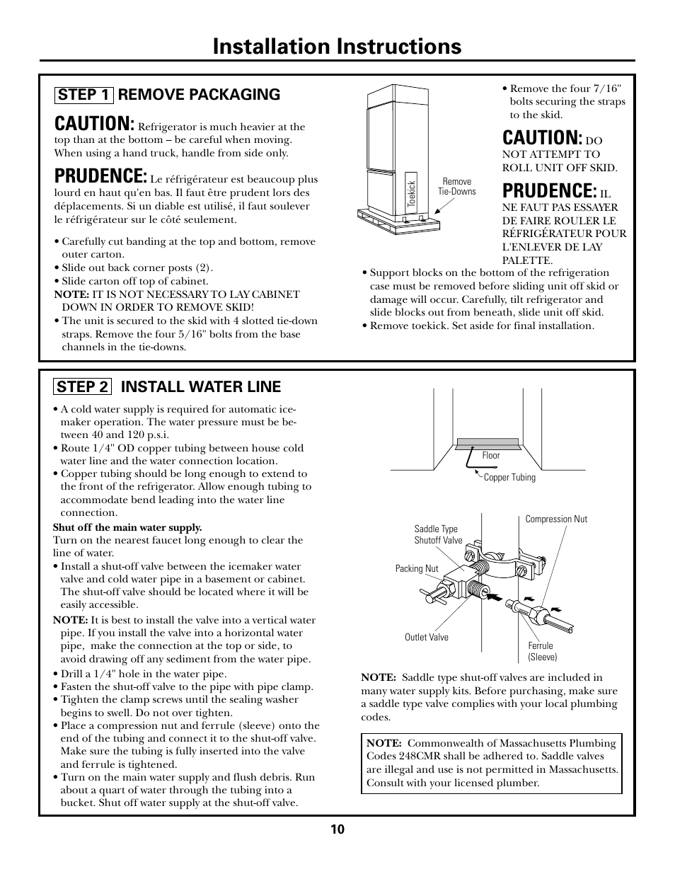 Installation instructions, Caution, Prudence | Step 1 remove packaging, Step 2 install water line | GE Monogram ZICS360N LH User Manual | Page 10 / 20