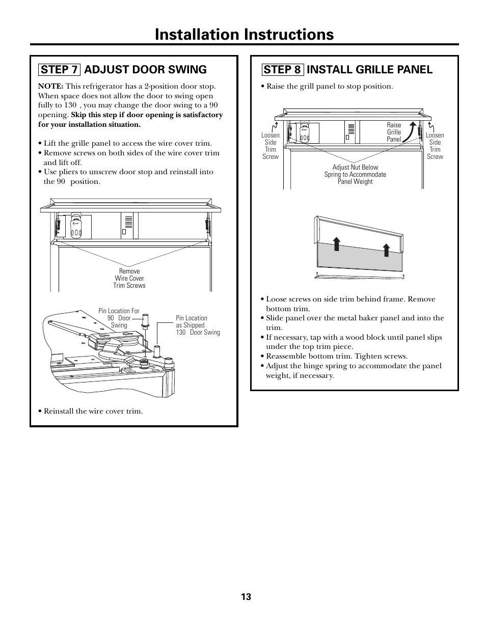 Installation instructions, Step 7 adjust door swing, Step 8 install grille panel | GE Monogram ZICS360N LH User Manual | Page 13 / 20
