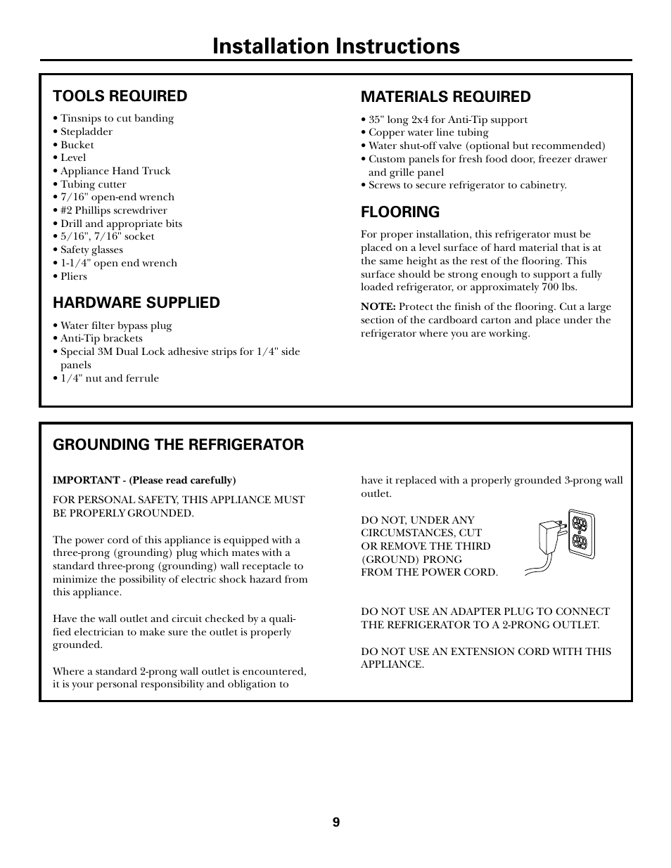 Installation instructions, Materials required, Flooring | Tools required, Hardware supplied, Grounding the refrigerator | GE Monogram ZICS360N LH User Manual | Page 9 / 20