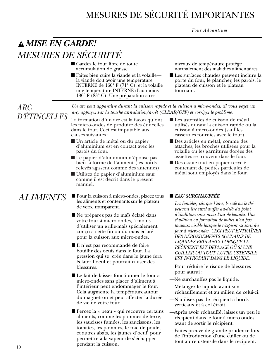 Mise en garde! mesures de sécurité, Mesures de sécurité importantes, Aliments | Arc d’étincelles | GE Monogram ZSC1000 User Manual | Page 10 / 44