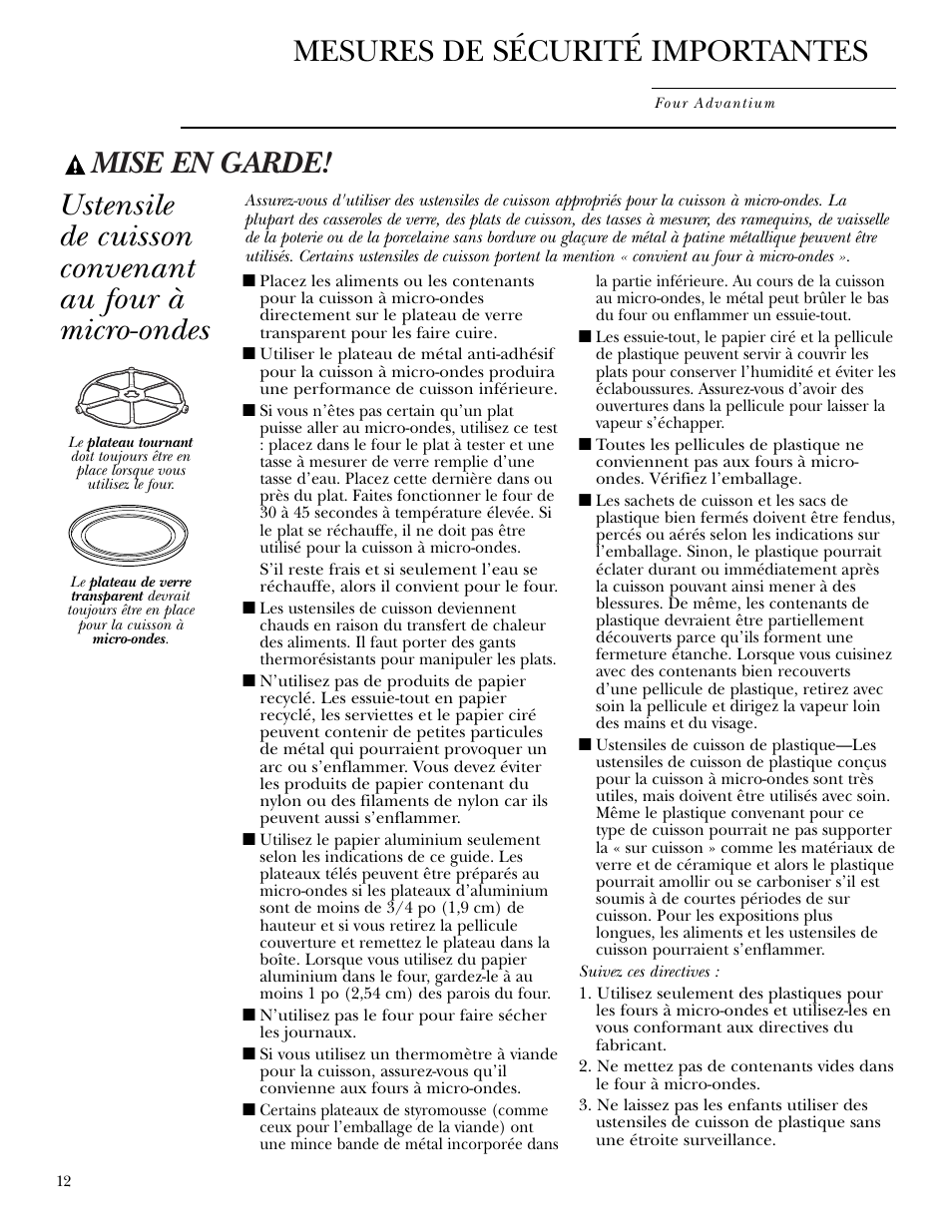 Mise en garde, Mesures de sécurité importantes | GE Monogram ZSC1000 User Manual | Page 12 / 44