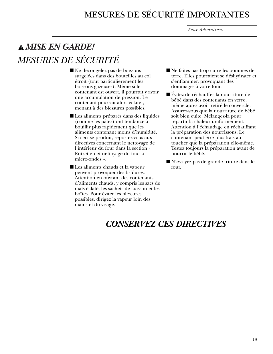 Mise en garde, Mesures de sécurité conservez ces directives, Mesures de sécurité importantes | GE Monogram ZSC1000 User Manual | Page 13 / 44