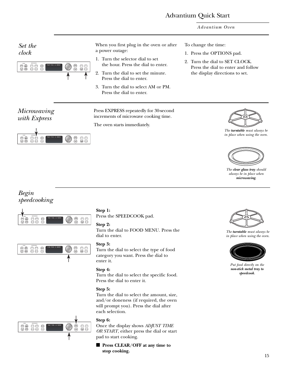 Advantium quick start, Express, Clock | Express , 29, Clock , 34, Set the clock, Begin speedcooking, Microwaving with express, Advantium oven, Press clear/off at any time to stop cooking | GE Monogram ZSC1000 User Manual | Page 15 / 44