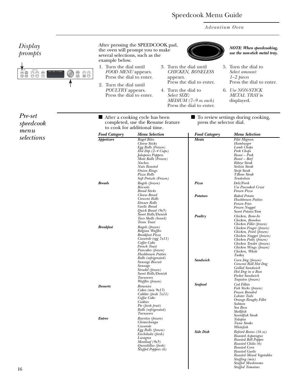 Speedcook menu guide, Display prompts, Pre-set speedcook menu selections | Advantium oven | GE Monogram ZSC1000 User Manual | Page 16 / 44