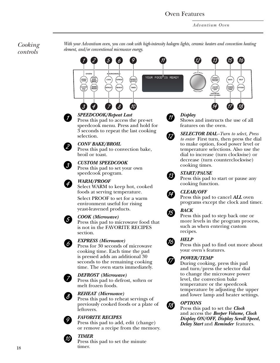 Cooking controls, Cooking controls oven features, Advantium oven | GE Monogram ZSC1000 User Manual | Page 18 / 44