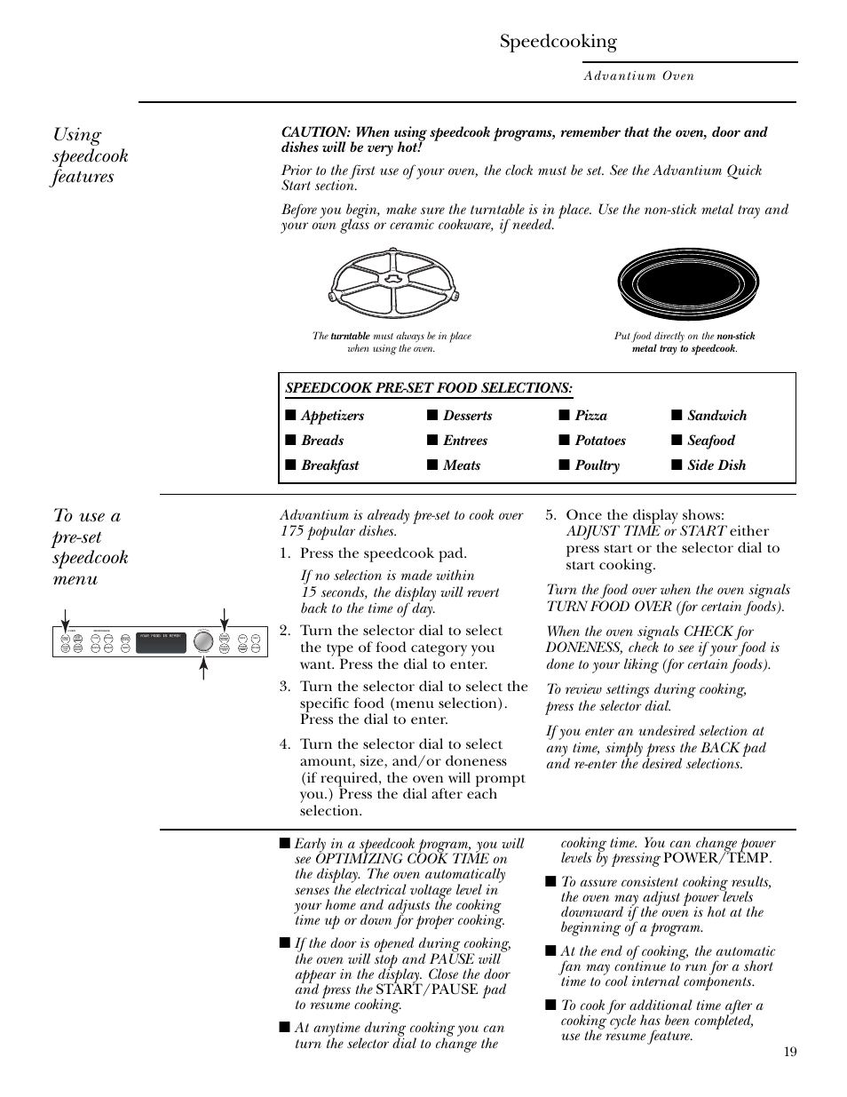 Using a pre-set speedcook menu, Speedcooking, Using speedcook features | GE Monogram ZSC1000 User Manual | Page 19 / 44