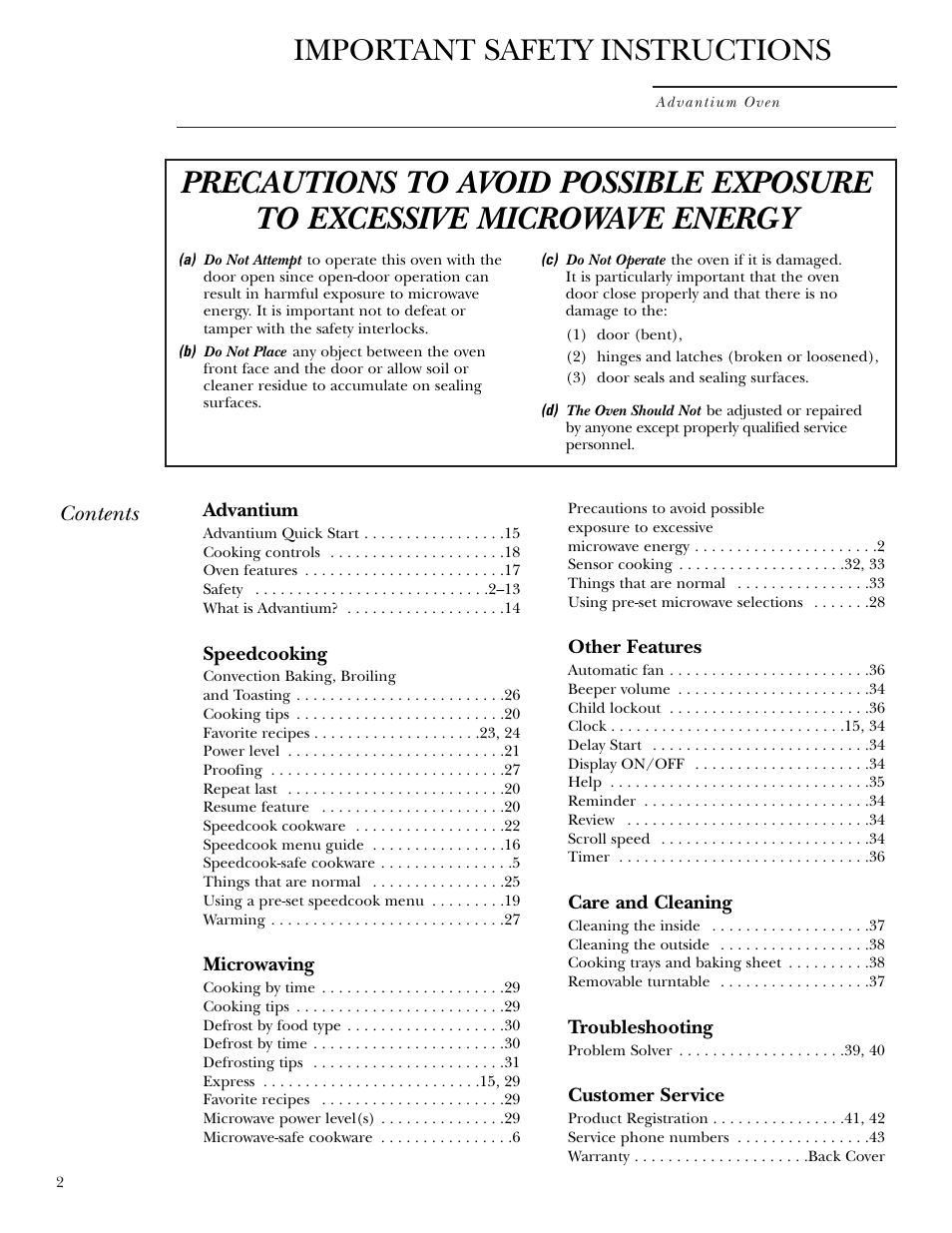 Advantium, Safety, Speedcooking | Microwaving, Other features, Care and cleaning, Troubleshooting, Customer service, Important safety instructions | GE Monogram ZSC1000 User Manual | Page 2 / 44