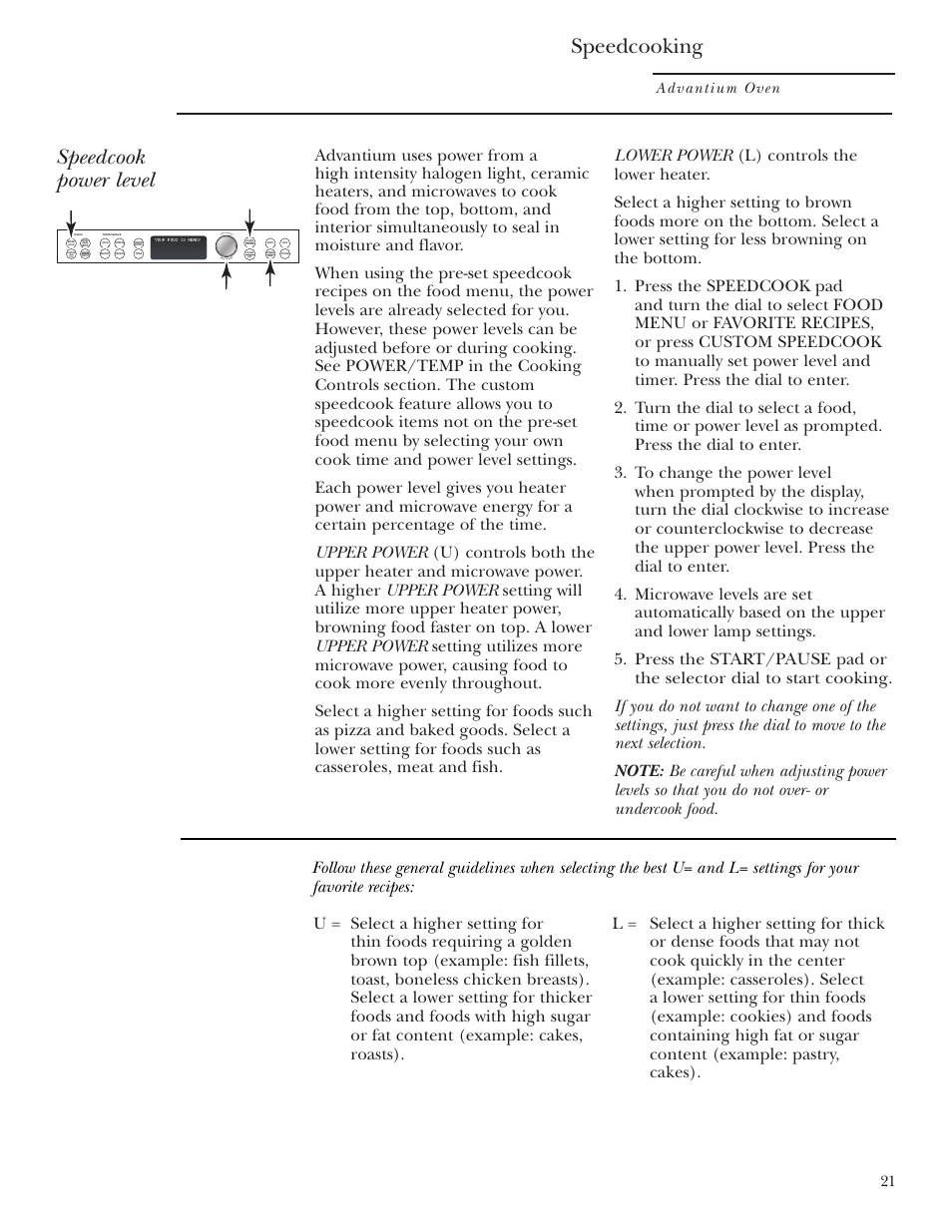 Power level, Speedcooking, Speedcook power level | Advantium oven | GE Monogram ZSC1000 User Manual | Page 21 / 44