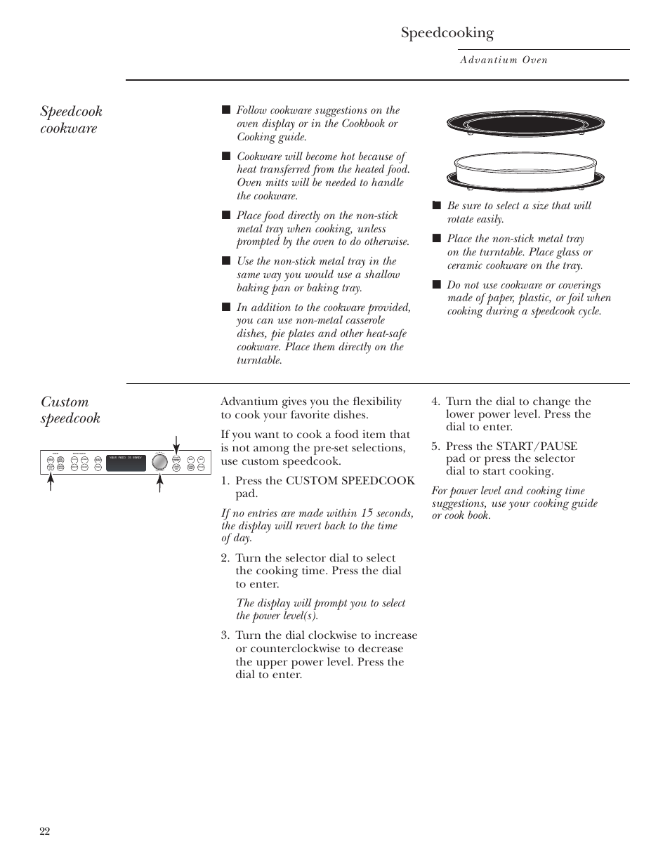 Speedcook cookware, Speedcooking, Custom speedcook | GE Monogram ZSC1000 User Manual | Page 22 / 44
