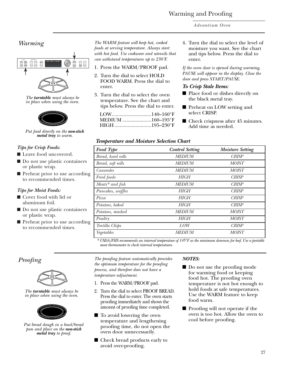 Proofing, Warming, Warming and proofing | Temperature and moisture selection chart, Tips for crisp foods, Leave food uncovered, Do not use plastic containers or plastic wrap, Cover food with lid or aluminum foil | GE Monogram ZSC1000 User Manual | Page 27 / 44
