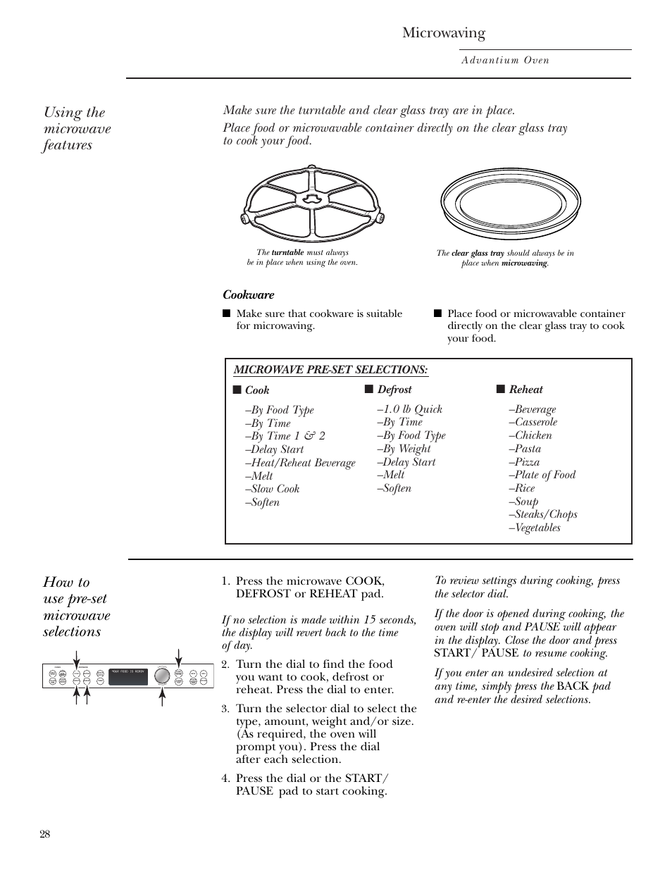 Using pre-set microwave selections, Microwaving, Using the microwave features | How to use pre-set microwave selections, Cookware, Advantium oven | GE Monogram ZSC1000 User Manual | Page 28 / 44