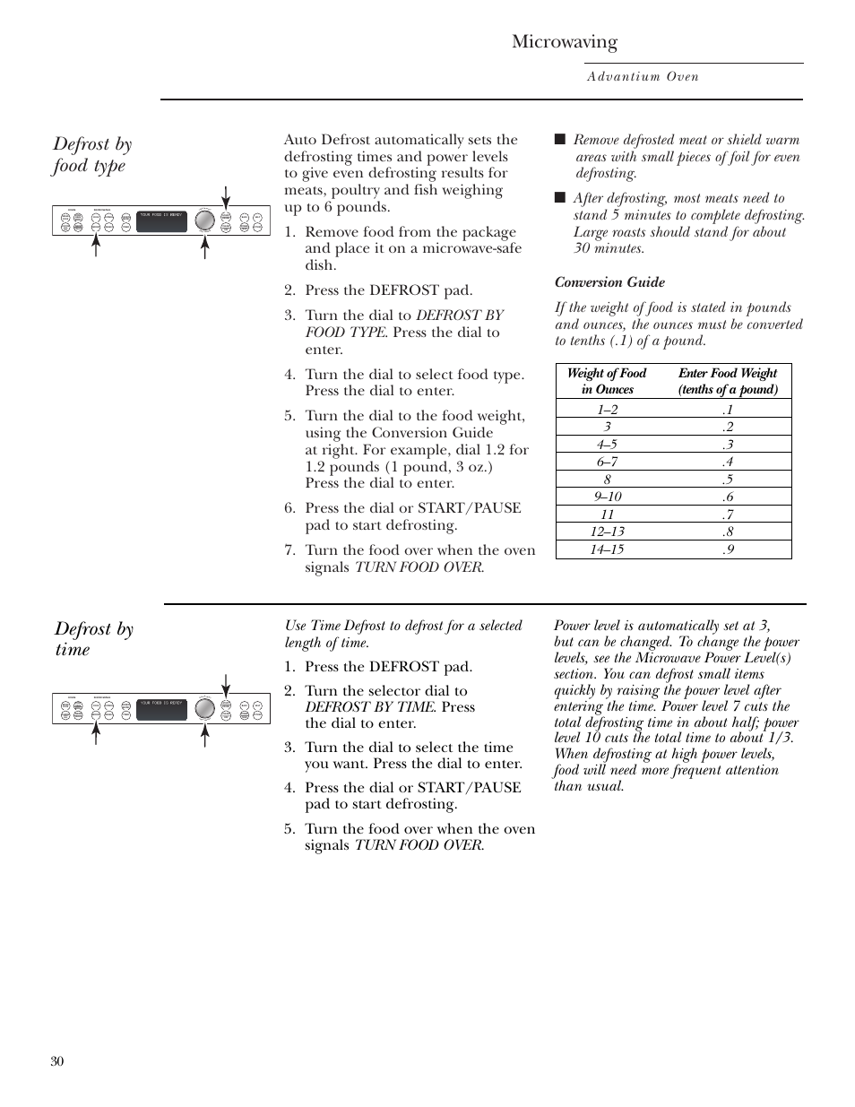Defrost by food type, Defrost by time, Defrost by food type defrost by time | Microwaving, Advantium oven | GE Monogram ZSC1000 User Manual | Page 30 / 44