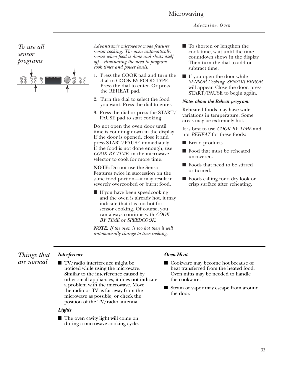 Things that are normal, Microwaving, Interference | Lights, Oven heat | GE Monogram ZSC1000 User Manual | Page 33 / 44