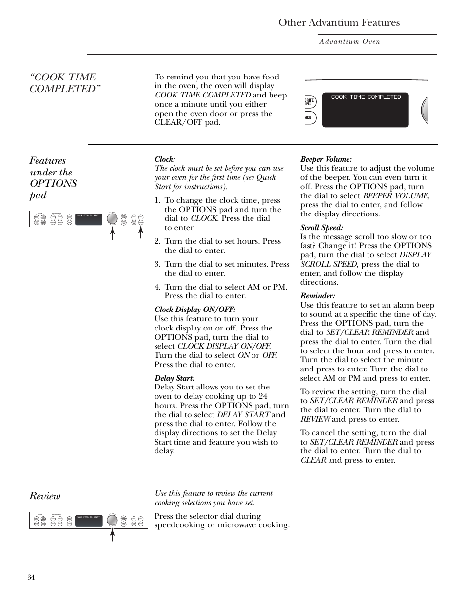 Beeper volume, Delay start, Display on/off | Reminder, Review, Scroll speed, Delay start display on/off, Reminder review scroll speed, Other advantium features, Cook time completed | GE Monogram ZSC1000 User Manual | Page 34 / 44